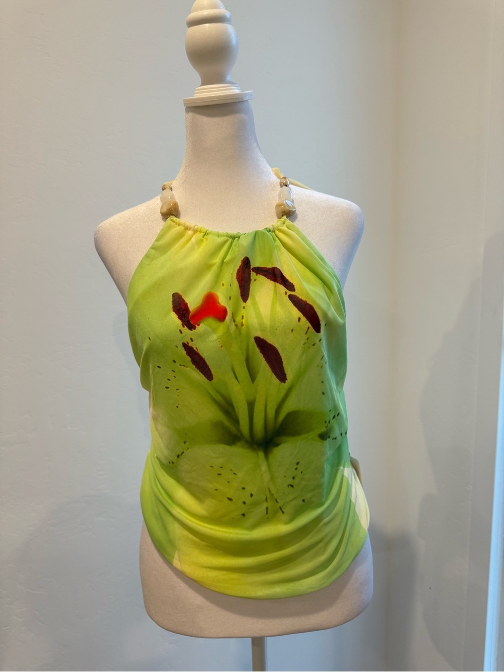 Beaded Halter Tank Top in Lime Green Floral